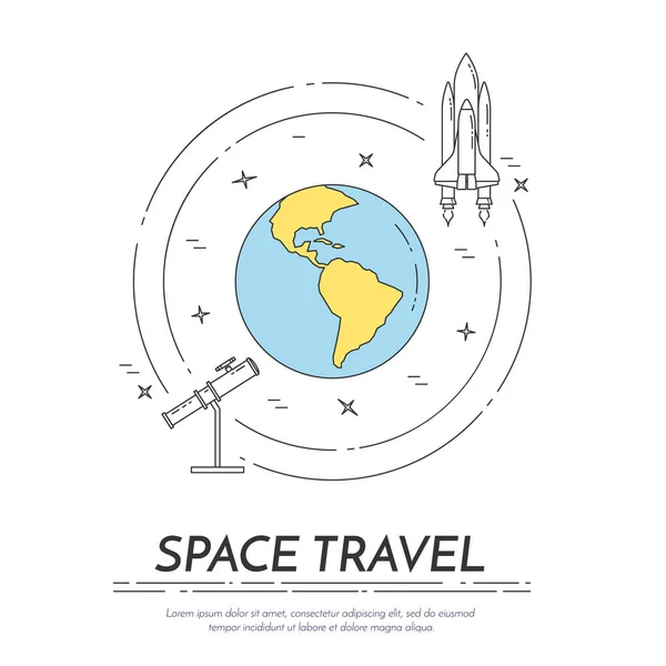 Space travel line banner. Set of elements of planets, space ships, ufo, satellite, spyglass and other cosmos pictograms. — Stock Vector