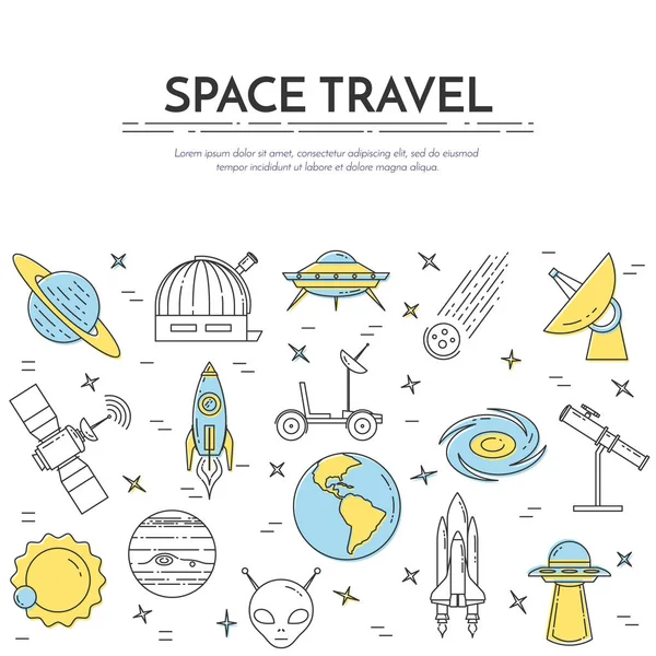 Space travel line banner. Set of elements of planets, space ships, ufo, satellite, spyglass and other cosmos pictograms. — Stock Vector