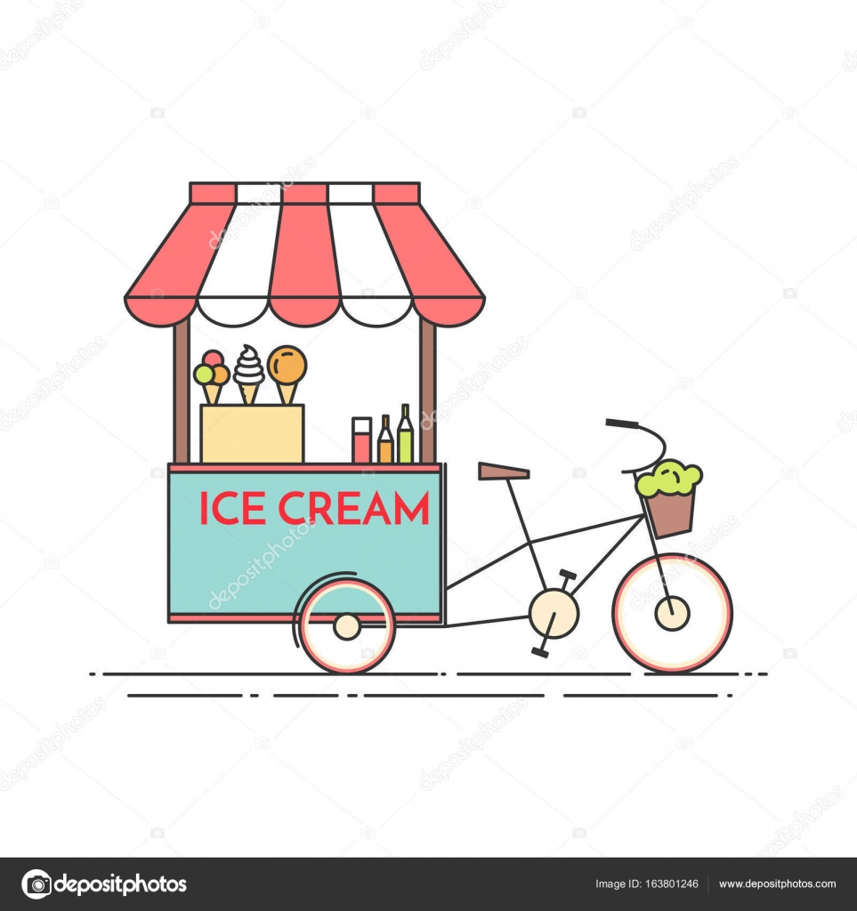 Ice cream bicycle. Cart on wheels. Food and drink kiosk . Vector