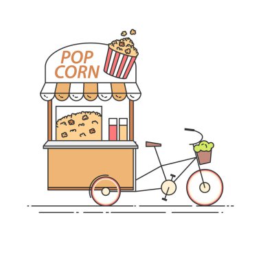 Patlamış mısır bisiklet. Tekerlekli cart. Yiyecek ve içecek kiosk. Vektör çizim. Düz Hat sanatı.