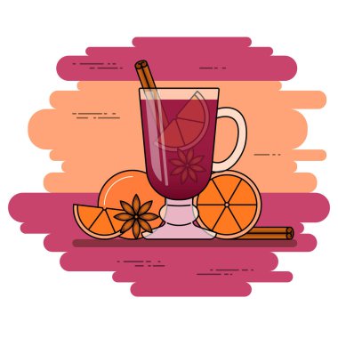 Mulled şarap afiş. Tarçın, portakal, yıldız sanagüzel sıcak kırmızı şarap. Düz çizgi sanat stile.