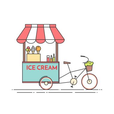 Dondurma bisiklet. Tekerlekli cart. Yiyecek ve içecek kiosk. Vektör çizim. Düz Hat sanatı.