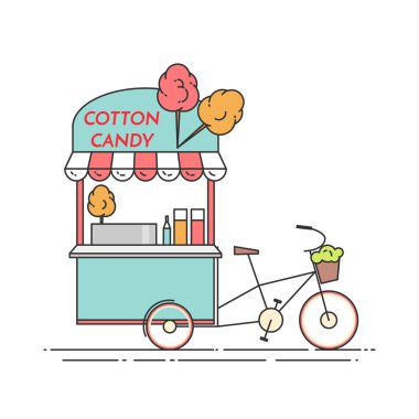 Pamuk şeker bisiklet. Tekerlekli cart. Yiyecek ve içecek kiosk. Vektör çizim. Düz Hat sanatı.