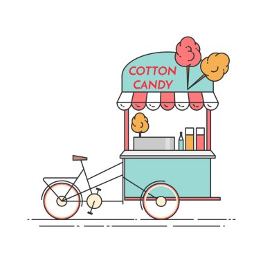 Pamuk şeker bisiklet. Tekerlekli cart. Yiyecek ve içecek kiosk. Vektör çizim. Düz Hat sanatı.