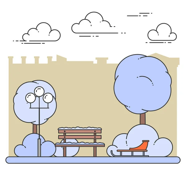 Зимний городской пейзаж со скамейкой, сани в центральном парке. Векторная иллюстрация. Линейное искусство . — стоковый вектор