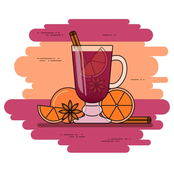 Bannière de vin chaud. Vin rouge chaud avec cannelle, orange, anice étoilée. Ligne plate art stile . — Image vectorielle