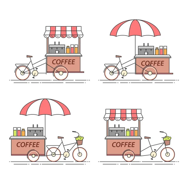 Набір кавових велосипедів. Візок на колесах. Їжа кіоск. Векторні ілюстрації. Мистецтво плоскої лінії . — стоковий вектор