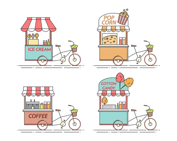 Éléments de la ville de café, pop-corn, crème glacée, bicyclettes de barbe à papa. Chariot sur roues. Kiosque de nourriture et boissons  . — Image vectorielle