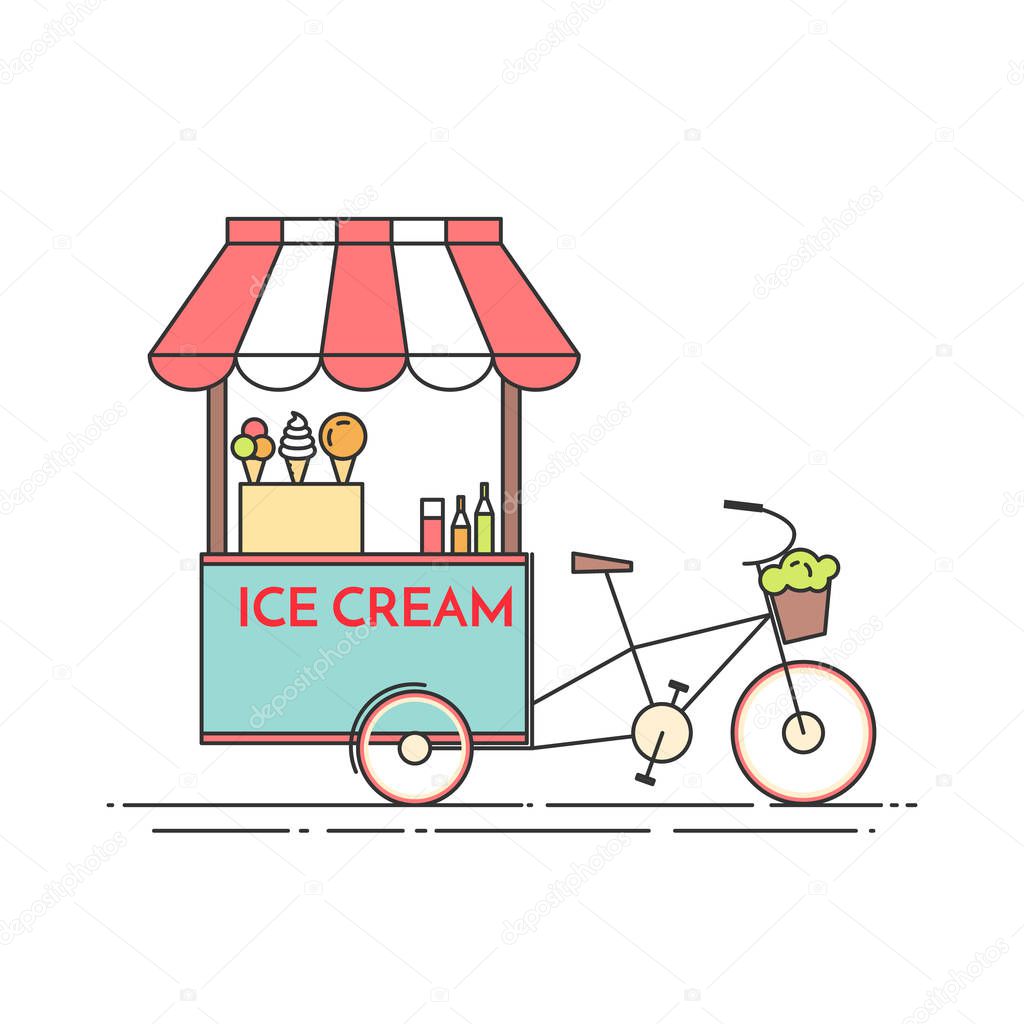 Ice cream bicycle. Cart on wheels. Food and drink kiosk . Vector illustration. Flat line art.