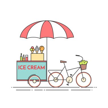 Dondurma bisiklet. Tekerlekli cart. Yiyecek ve içecek kiosk. Vektör çizim. Düz Hat sanatı.