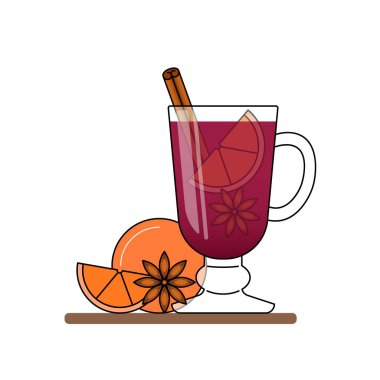 Mulled şarap afiş. Tarçın, portakal, yıldız sanagüzel sıcak kırmızı şarap. Düz çizgi sanat stile.