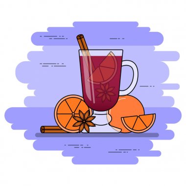 Mulled şarap afiş. Tarçın, portakal, yıldız sanagüzel sıcak kırmızı şarap. Düz çizgi sanat stile.
