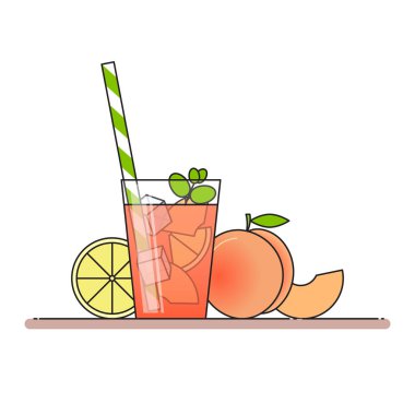 Limonata meyve dilimleri ile şeftali, buz ve saman ile cam demek, limon ve şeftali kesti. Beyaz arka plan üzerinde izole.