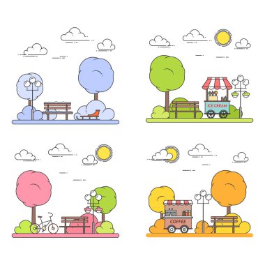 Kış, Bahar, yaz, sonbahar şehir manzaraları central park ile. Vektör çizim. Hat sanatı. Dört mevsim seti.