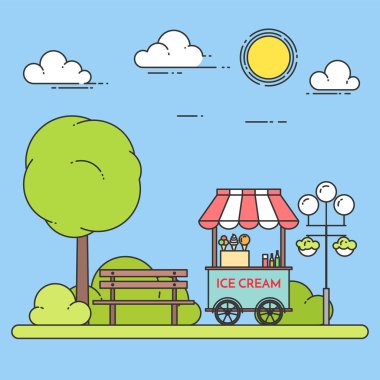 Seyyar dondurma arabası. Tatlı dondurulmuş gıda kiosk genel Park. Vektör çizim.