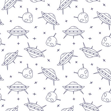 Uzay Seyahat hattı simgeler. Ufo, unsurları uzaylı. Seamless modeli. Web sitesi, kart, Infographic, konsept reklam duvar kağıdı sarma Web sitesi Tekstil