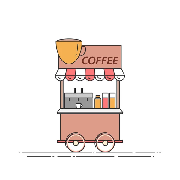 Camião do café. Carrinho sobre rodas. Quiosque de comida e bebida. Ilustração vetorial. Arte de linha plana . — Vetor de Stock