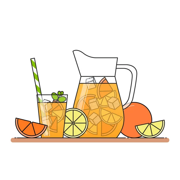 Pomerančová limonáda s plátky citrusů, LED a džbán a sklenice se slámou, řez citronu a pomeranče. Izolované na bílém pozadí. — Stockový vektor