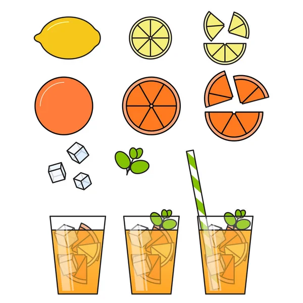 Limonada de laranja com fatias cítricas, gelo e destinada em vidro com palha, limão cortado e laranja. Isolado sobre fundo branco . —  Vetores de Stock