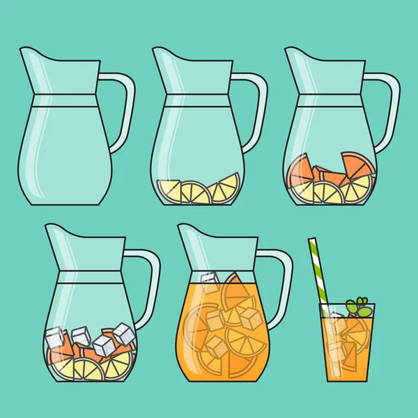 Citronnade orange avec tranches d'agrumes, glace et signifié en cruche et verre avec de la paille. Instruction étape par étape. Isolé sur fond de couleur . — Image vectorielle