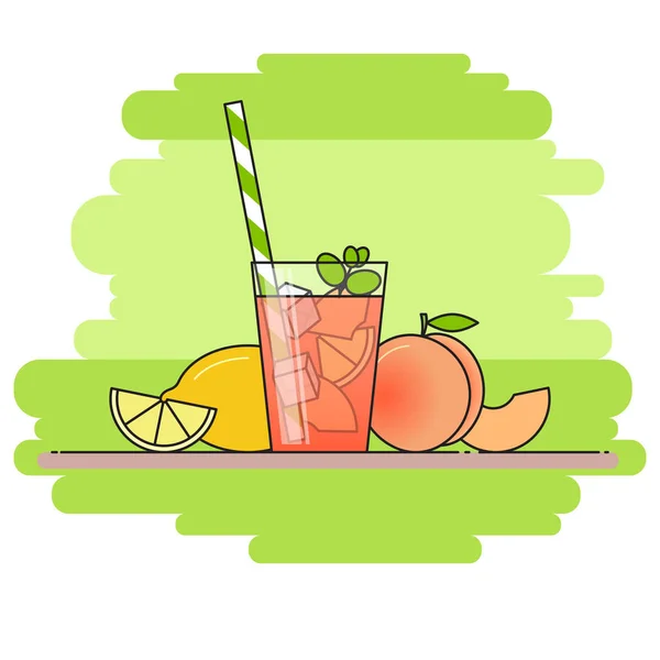 Peach lemonade with fruit slices, ice and meant in glass with straw, cut lemon and peach on green background. — Stock Vector