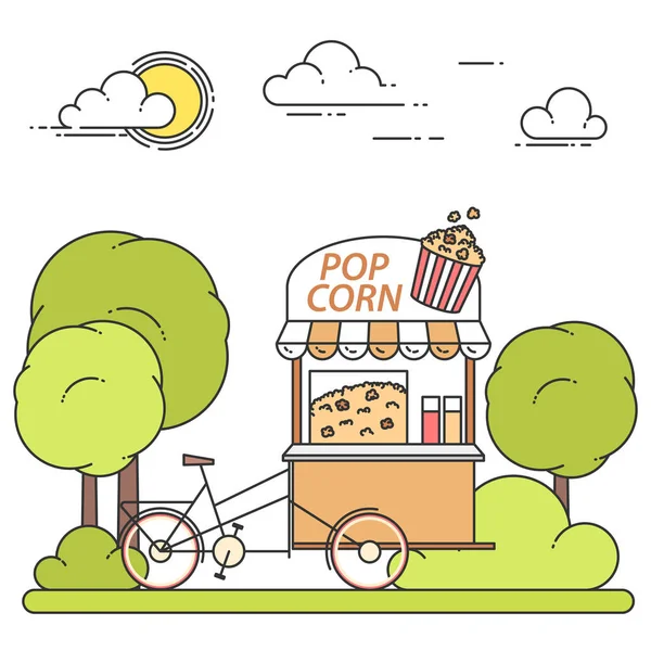 Chariot de maïs pop sur roues. Kiosque de snacks sucrés dans le parc public. Illustration vectorielle. Art linéaire plat . — Image vectorielle