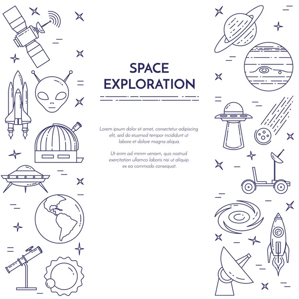 Space travel line banner. Set of elements of planets, space ships, ufo, satellite, spyglass and other cosmos pictograms.