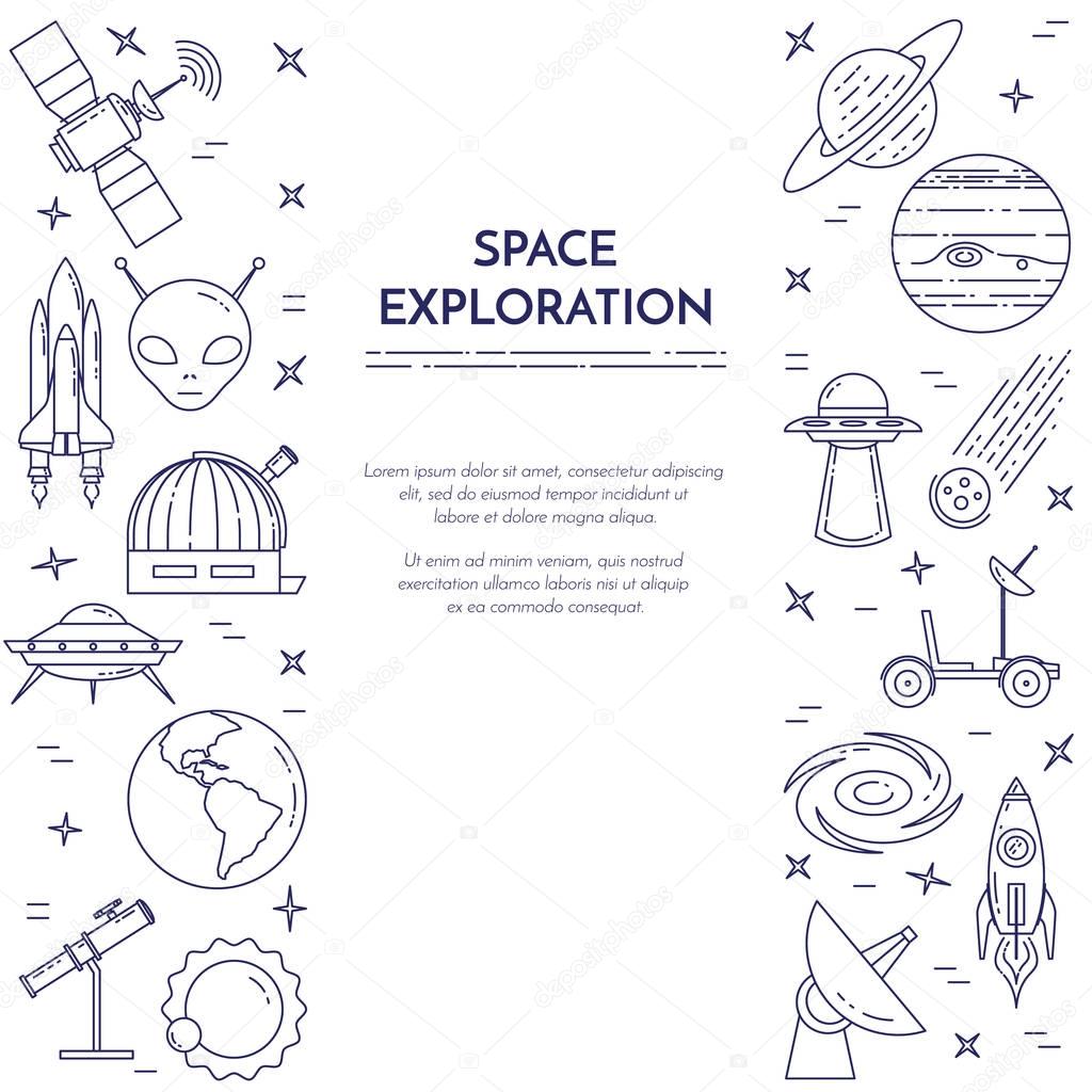 Space travel line banner. Set of elements of planets, space ships, ufo, satellite, spyglass and other cosmos pictograms.