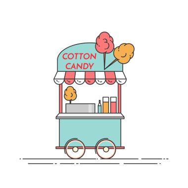 Pamuk şeker kamyon. Tekerlekli cart. Yiyecek ve içecek kiosk. Vektör çizim. Düz Hat sanatı.