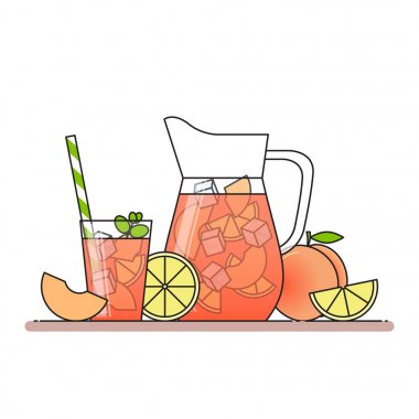 Limonata meyve dilimleri ile şeftali, buz ve sürahi ve bardak saman ile demek, limon ve şeftali kesti. Beyaz arka plan üzerinde izole. Modern düz stil. Hat sanatı.