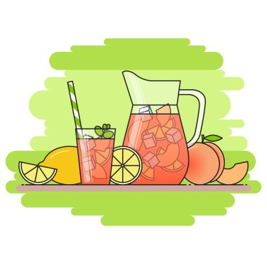 Limonata meyve dilimleri ile şeftali, buz ve sürahi ve bardak saman ile demek, limon ve şeftali kesti. Yeşil arka plan üzerinde izole. Modern düz stil. Hat sanatı.