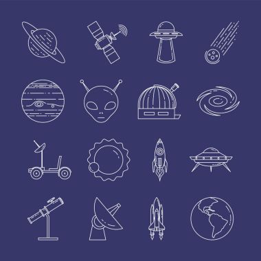 Uzay Seyahat hattı simgeler. Gezegenler, Uzay gemileri, ufo, uydu, spyglass ve diğer evren sembollerin öğeleri kümesi
