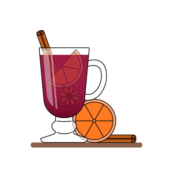 Bannière de vin chaud. Vin rouge chaud avec cannelle, orange, anice étoilée. Ligne plate art stile . — Image vectorielle