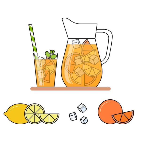 Narancssárga limonádét gyümölcs szelet, jég, és azt jelentette, a kancsó és pohár, szalmával, vágott, citrom és a narancs. Elszigetelt fehér background. Modern lapos stílusú. Vonalas. — Stock Vector