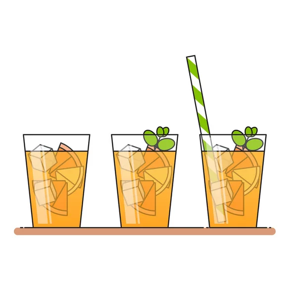 Orange lemonad med frukt skivor, is och betytt i glas med sugrör, skär citron och apelsin. Isolerade på vit bakgrund. Modern platt stil. Konturteckningar. — Stock vektor