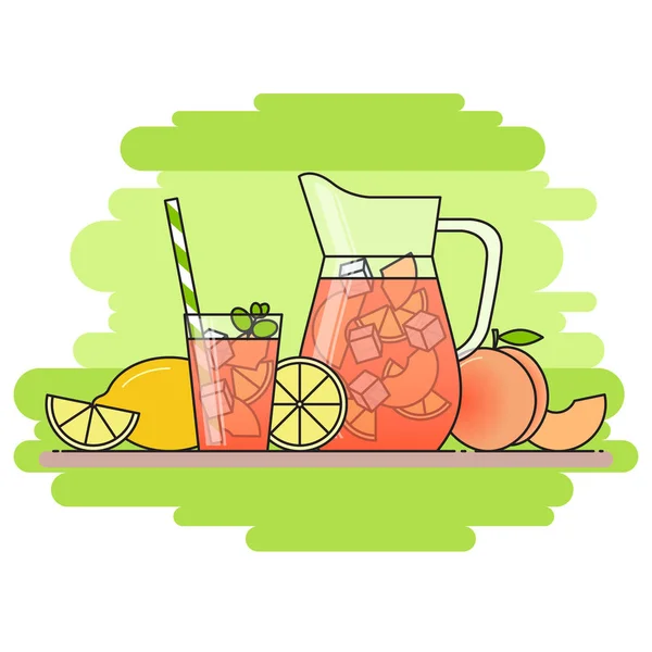 Peach lemonade with fruit slices, ice and meant in jug and glass with straw, cut lemon and peach. Isolated on green background. Modern flat style. Line art. — Stock Vector