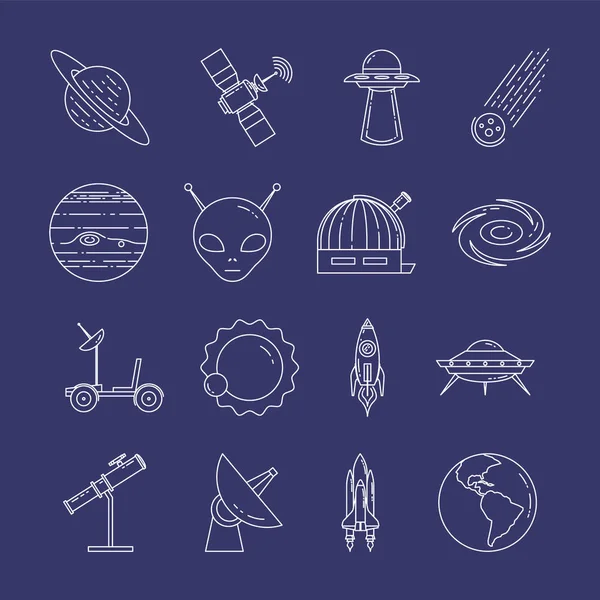 Iconos de línea de viaje espacial. Conjunto de elementos de planetas, naves espaciales, ovni, satélite, catalejo y otros pictogramas del cosmos — Archivo Imágenes Vectoriales