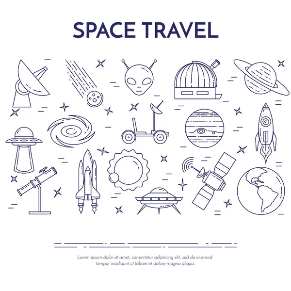 Bannière de ligne de voyage spatial. Ensemble d'éléments de planètes, vaisseaux spatiaux, ufo, satellite, verre espion et autres pictogrammes cosmiques . — Image vectorielle