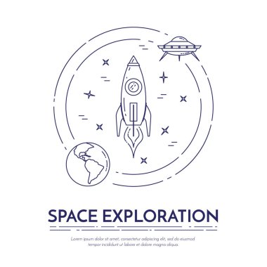 Uzay Seyahat hat afiş. Gezegenler, Uzay gemileri, ufo, uydu, spyglass ve diğer evren sembollerin öğeleri kümesi.
