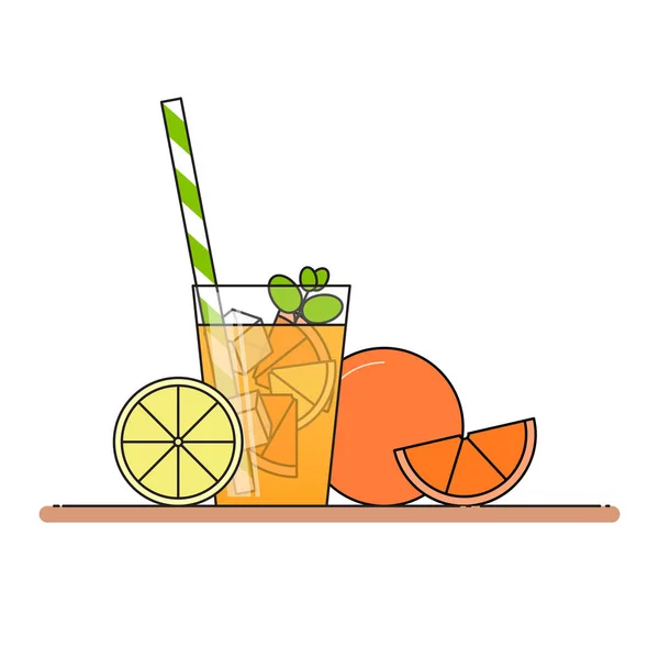 Πορτοκαλί λεμονάδα με φέτες από φρούτα, παγωτό και σήμαινε σε ποτήρι με Καλαμάκι, κόβουμε το λεμόνι και πορτοκάλι. Απομονωμένα σε λευκό φόντο. Μοντέρνο στυλ επίπεδη. Γραμμικό σχέδιο. — Διανυσματικό Αρχείο