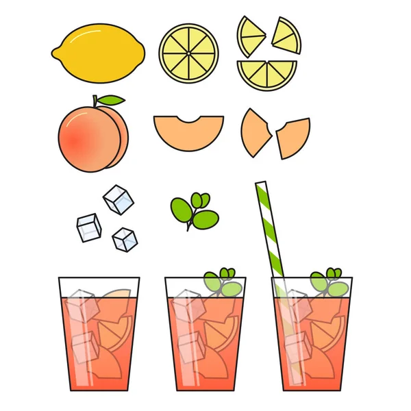 Pêcher la limonade avec des tranches de fruits, de la glace et signifié dans un verre avec de la paille, couper le citron et la pêche. Isolé sur fond blanc . — Image vectorielle