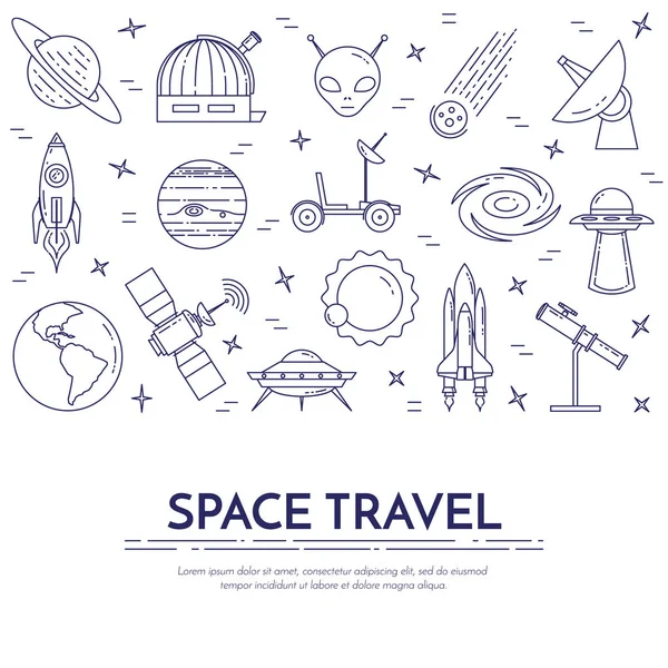 Banner de linha de viagem espacial. Conjunto de elementos de planetas, naves espaciais, ufo, satélite, spyglass e outros pictogramas cosmos . —  Vetores de Stock