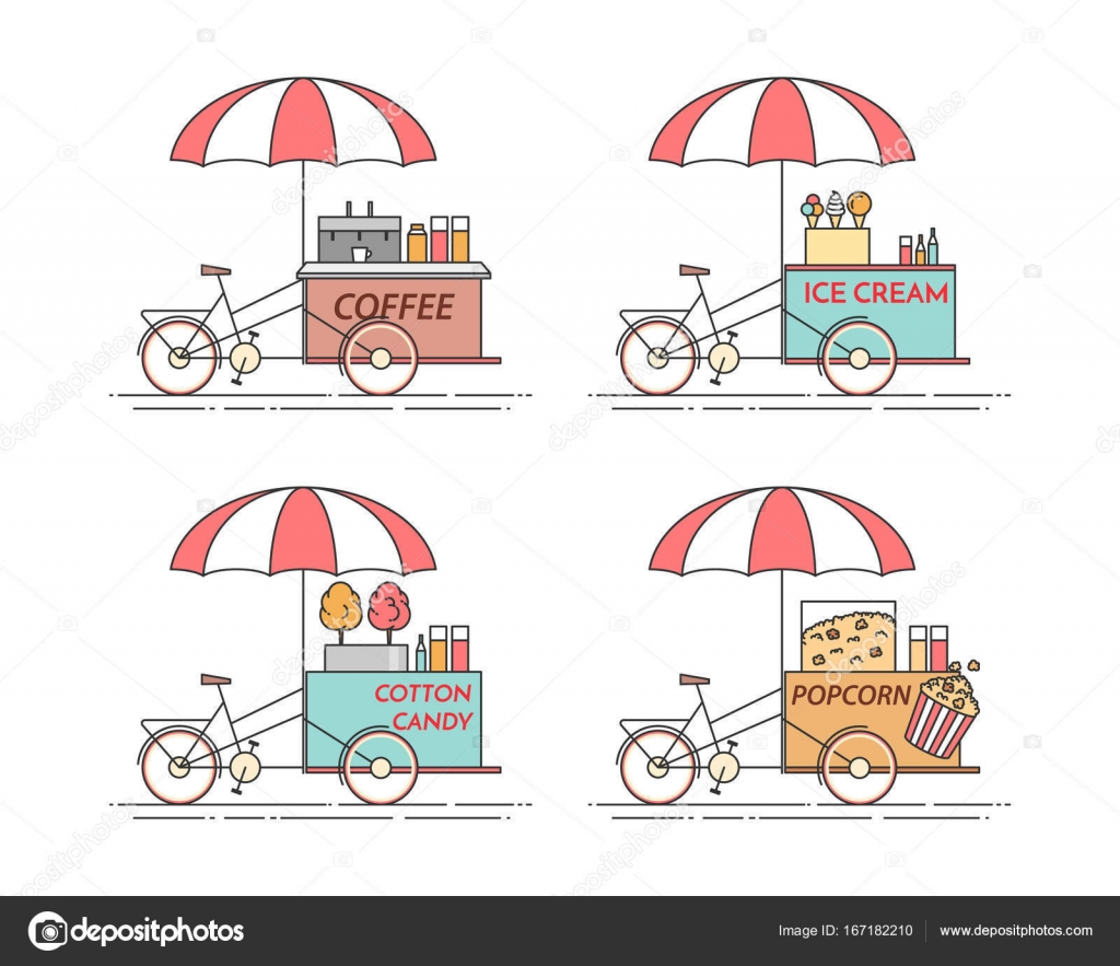 Elementi di citt  del caff¨ popcorn gelati zucchero filato biciclette Carrello su ruote Chiosco di cibo e bevande Illustrazione di vettore