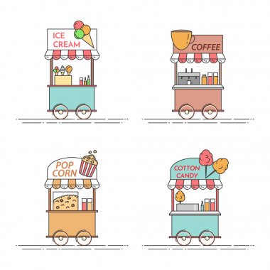 Kahve, patlamış mısır, dondurma, pamuk şeker kamyon şehir unsurları. Tekerlekli cart. Yiyecek ve içecek kiosk .