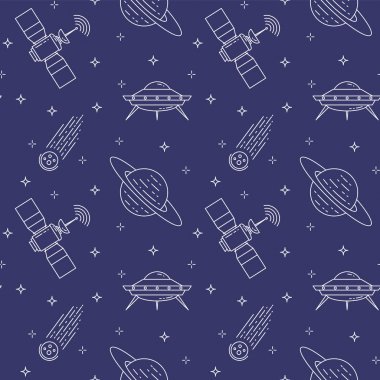 Uzay Seyahat hattı simgeler. Öğeleri ufo, kuyruklu yıldız, gezegen, uydu. Seamless modeli.