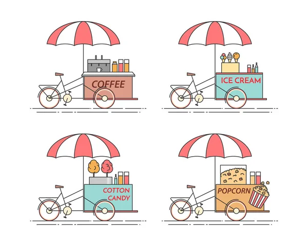 Elementos de la ciudad de café, palomitas de maíz, helado, bicicletas de algodón de azúcar. Carro sobre ruedas. Quiosco de comida y bebida  . — Vector de stock