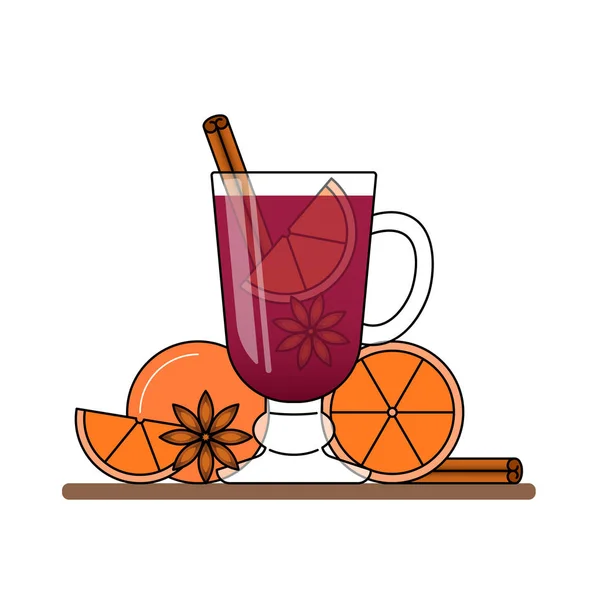 Bandeira de vinho amontoado. Vinho tinto quente com canela, laranja, anice estrela. Linha plana arte stile . —  Vetores de Stock