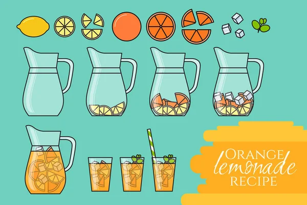 Limonada naranja con rodajas de cítricos, hielo y significado en jarra y vaso con paja. Instrucción paso a paso. Aislado sobre fondo de color . — Vector de stock