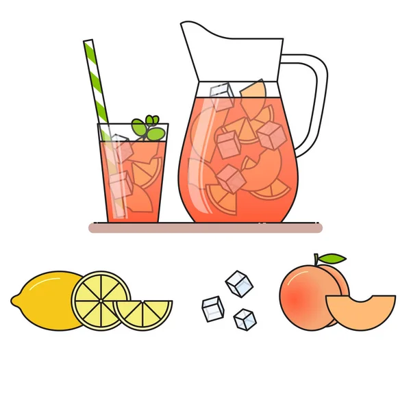 Limonada de pêssego com fatias de frutas, gelo e significado em jarro e vidro com palha, limão cortado e pêssego . —  Vetores de Stock