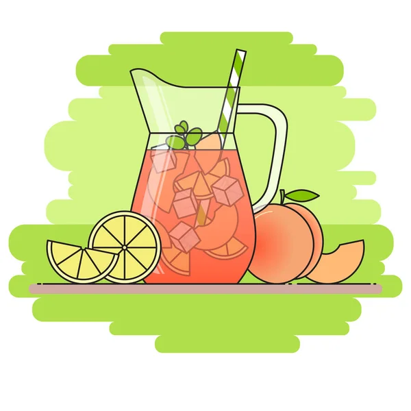 Pêcher la limonade avec des tranches de fruits, de la glace et signifié dans la cruche et le verre avec de la paille, couper le citron et la pêche. Isolé sur fond vert . — Image vectorielle